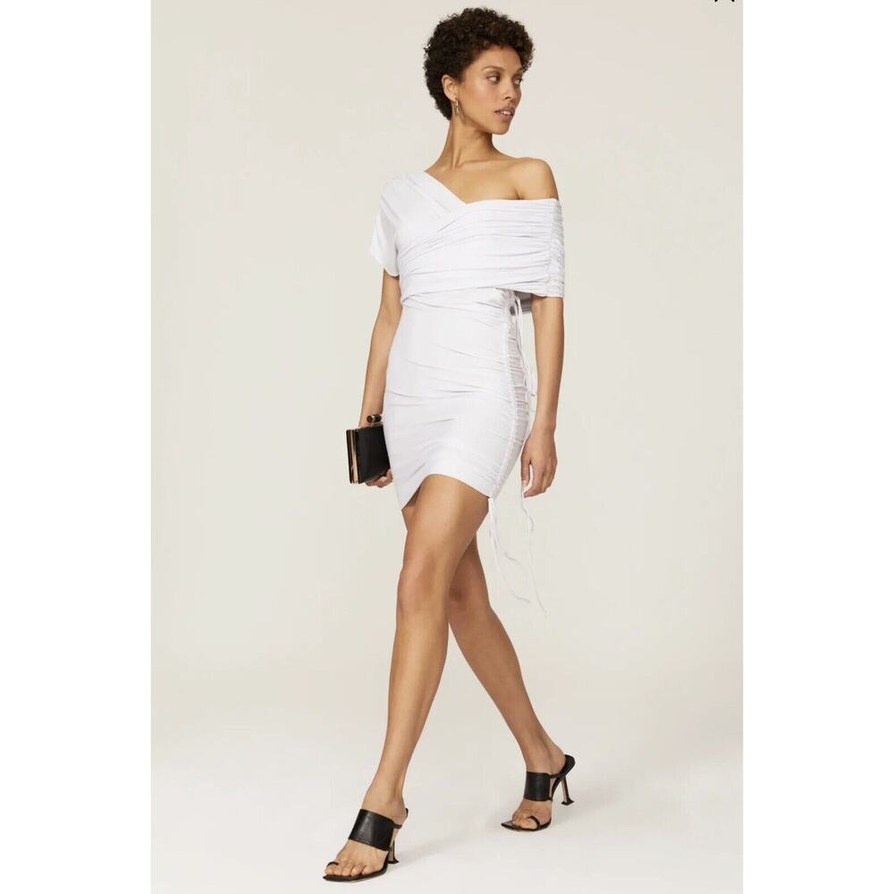 Laquan Smith Ruched Mini One Shoulder Dress Cut Outs White XL